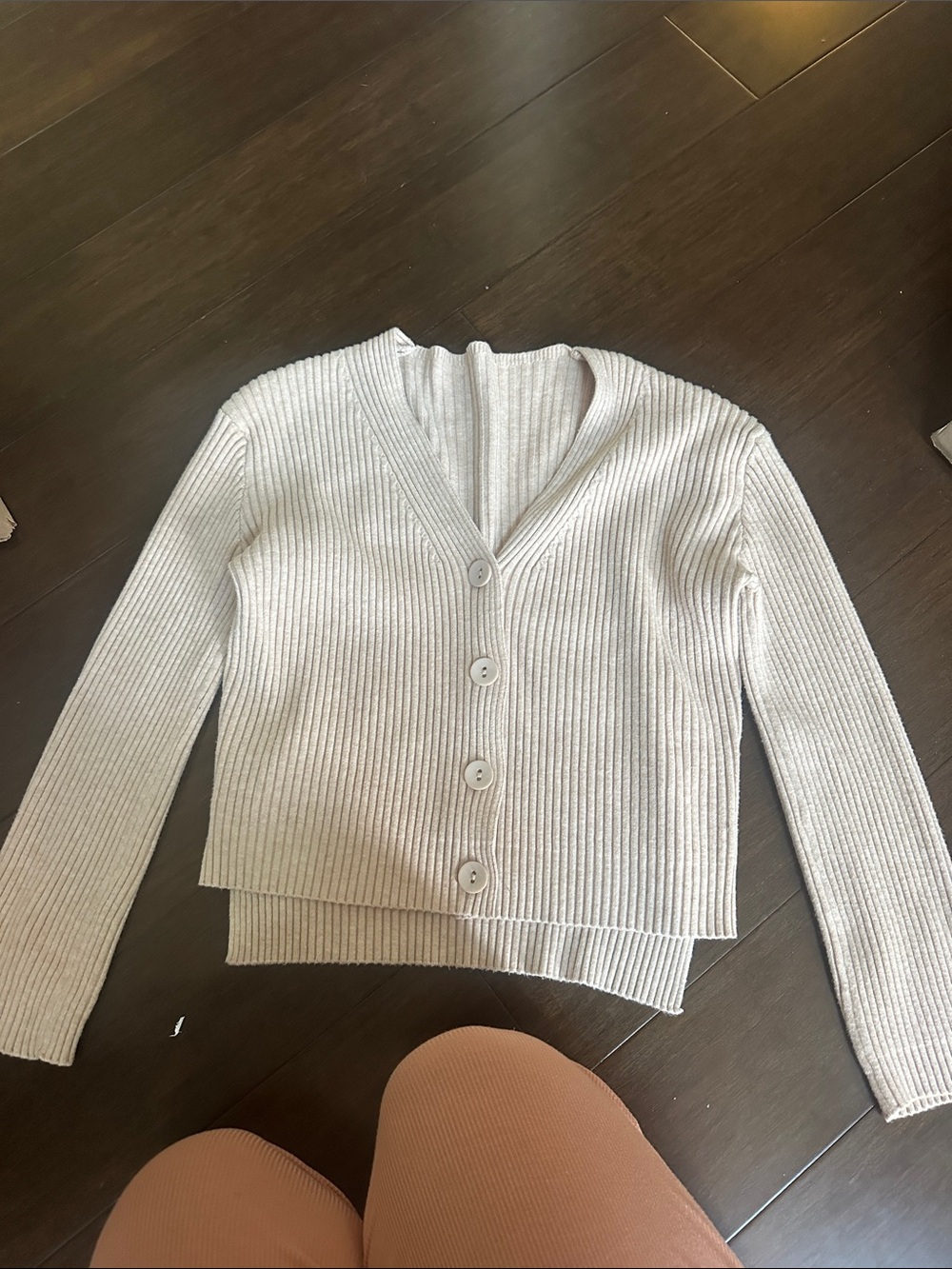 Light Gray Ribbed Button-Front Women's Sweater Cardigan